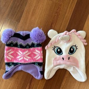 Girls Toddler Unicorn Fleece lined & Fair Isle Pom Pom Fleece lined Beanies GUC